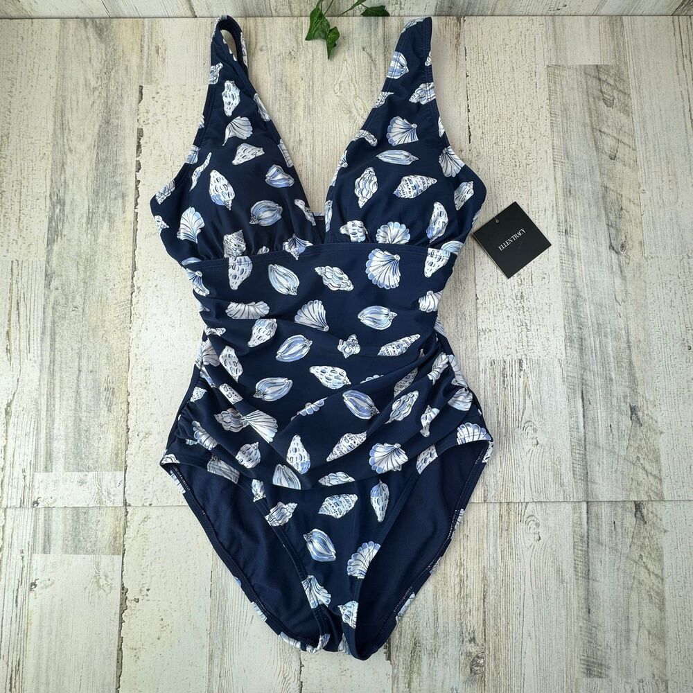 ELLEN TRACY NAVY BLUE SWIMSUIT SEASHELLS SIZE 12